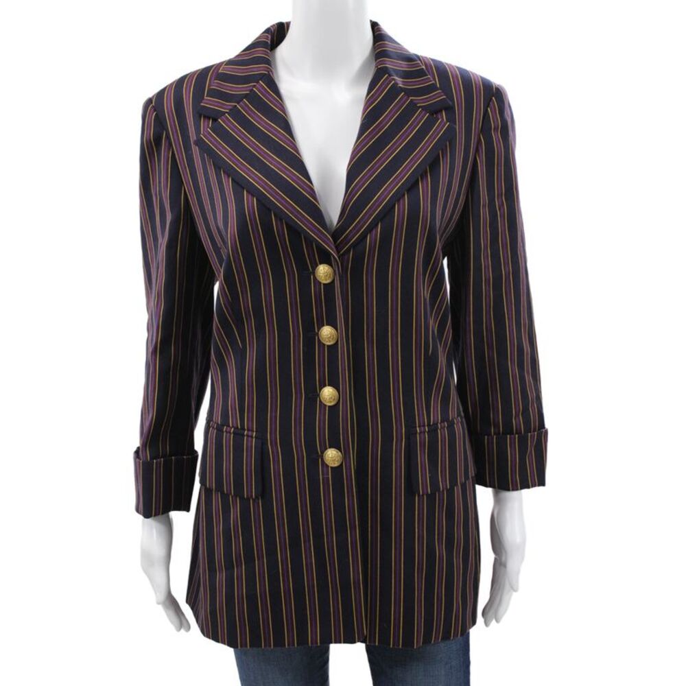 Laurel Women Dark Blue Striped Collared Wool Blazer Longsleeve 80s Size 40